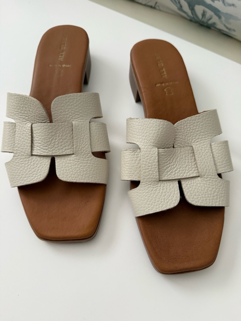 Cream Leather Slide Mules with Brown Footbed